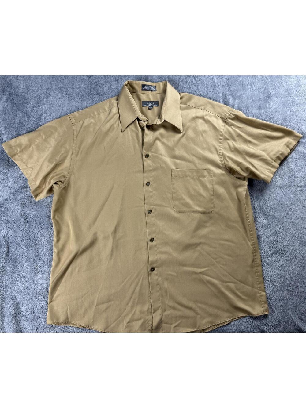 Crazy Horse Sateen Button Up Short Sleeve Shirt Men Beige Size 17 32/33 Large